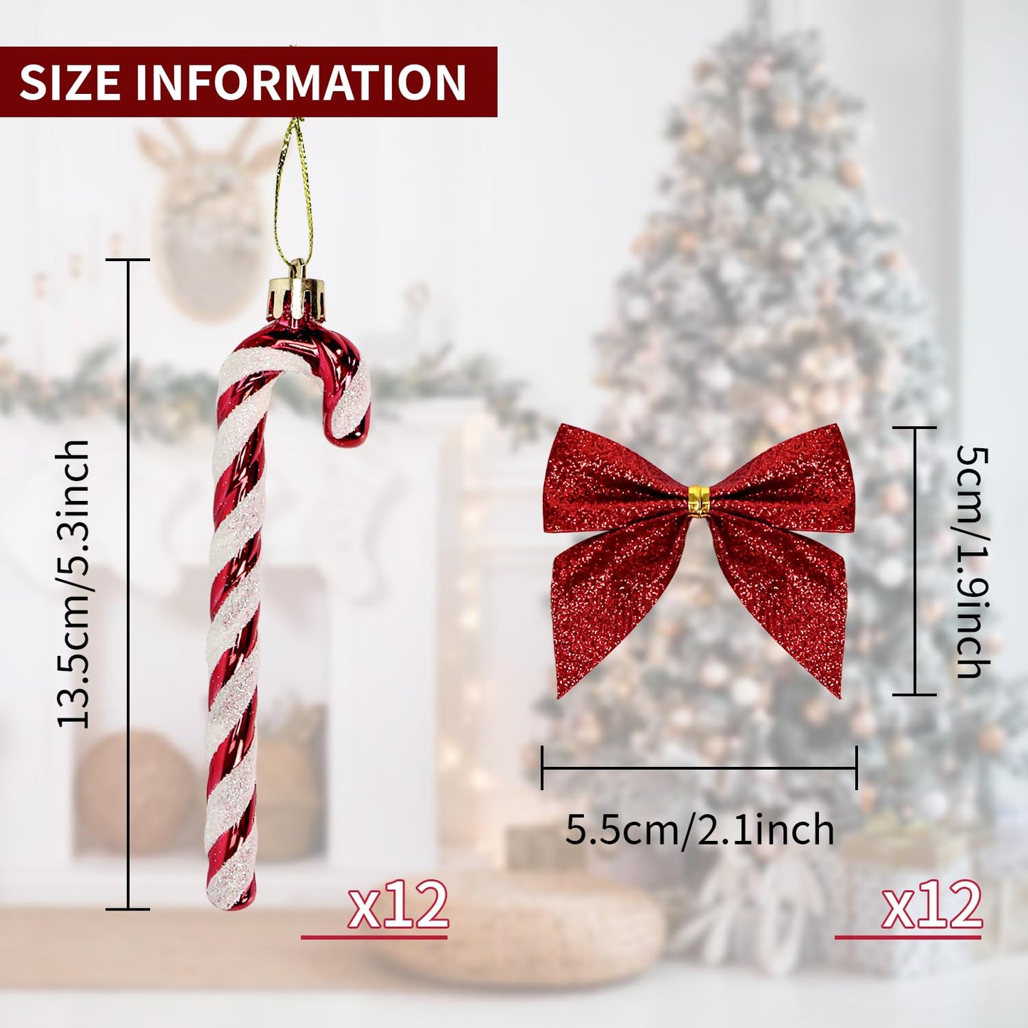 12 Pcs Candy Cane Christmas Decorations, 5.5inch Glitter Candy Cane Bows for Xmas Tree Hanging Ornament Holiday Festival Party Home Decoration (Red)