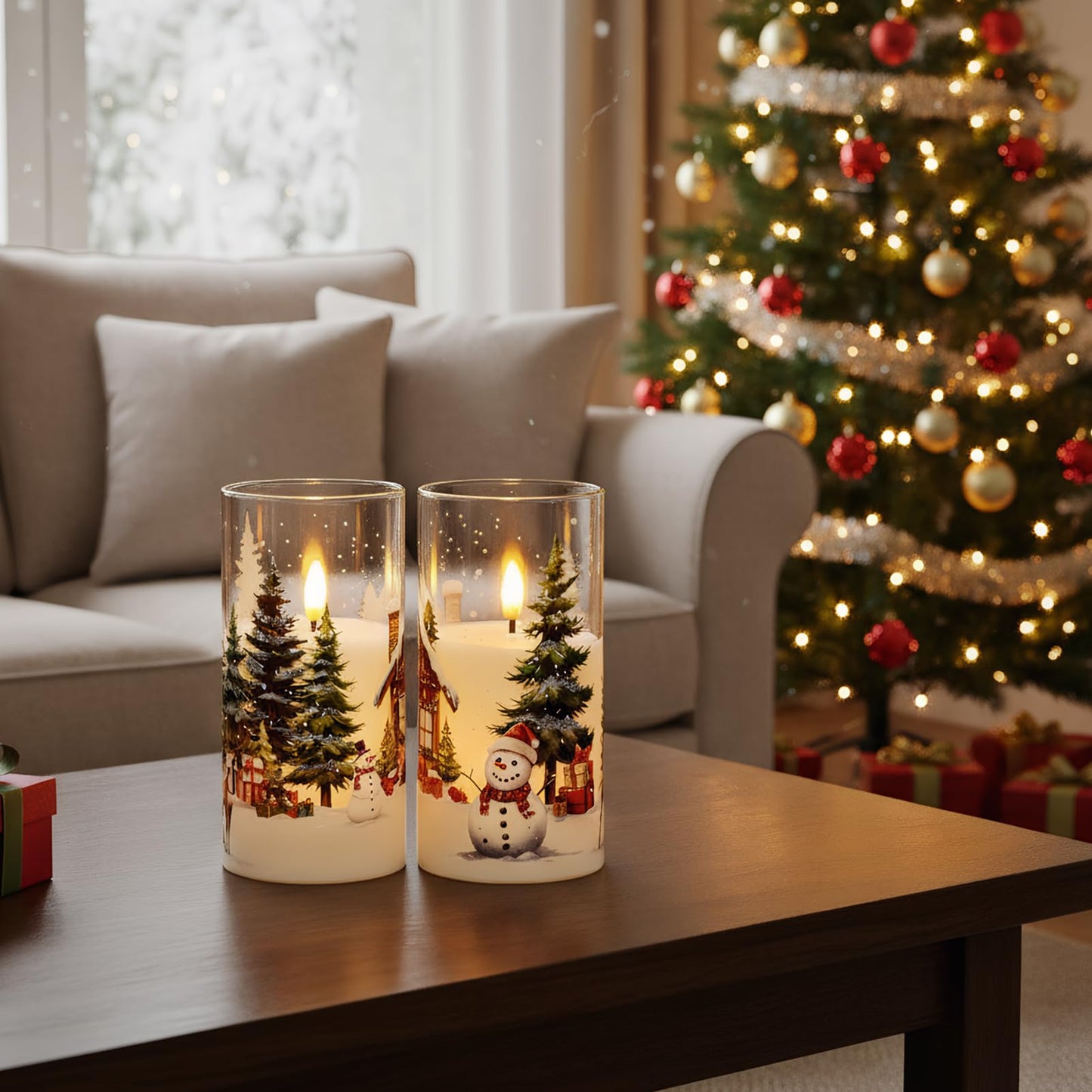 KunSween Christmas Candles with Remote Timer, Set of 2 LED Glass Flameless Candles Battery Operated with Cedar, Snowman, Reindeer, Snowy House Decals for Holiday Winter Party Home Decor(D6” x H3”)