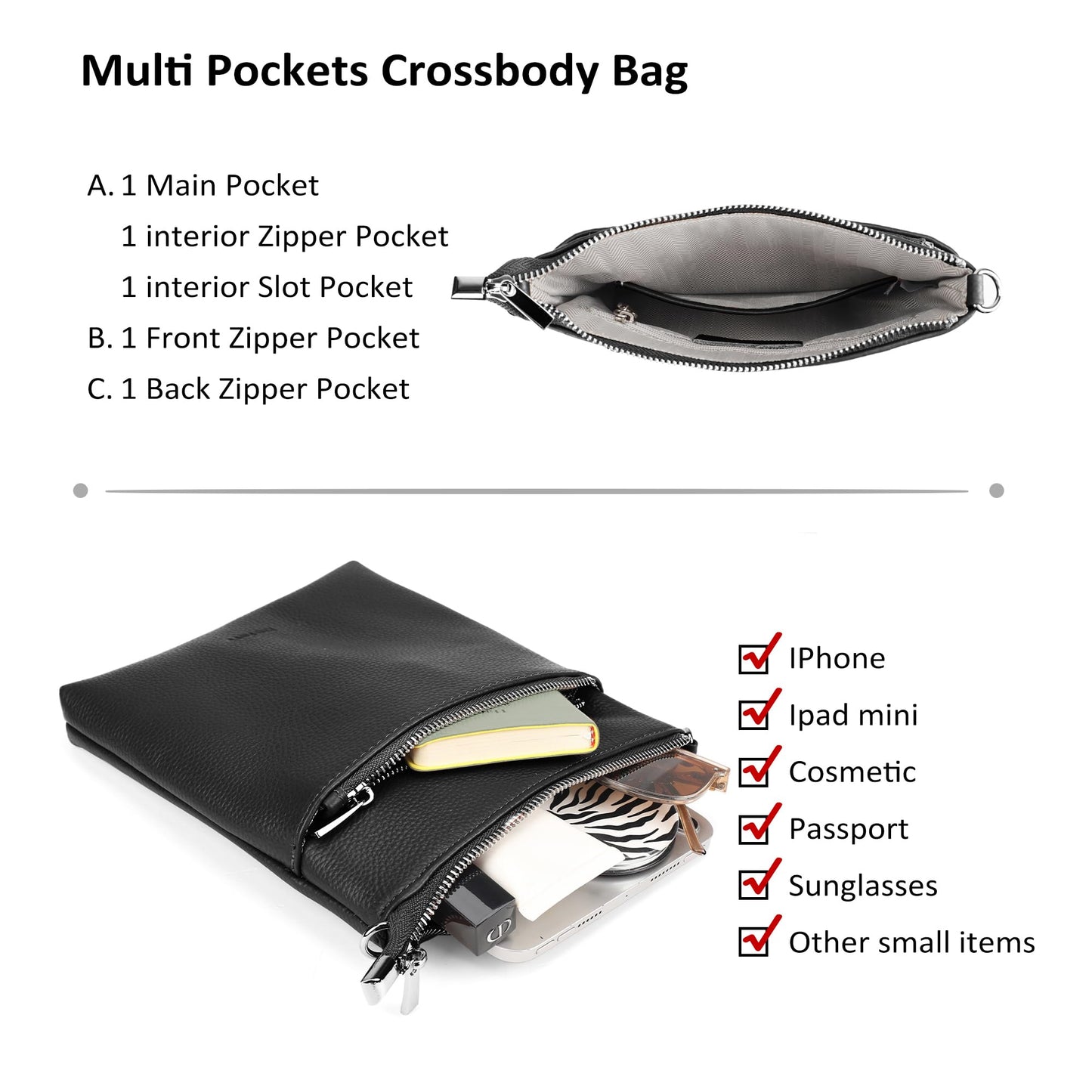 befen Small Black Genuine Leather Crossbody Purses for Women Travel Cross Body Bags with Adjustable Shoulder Strap