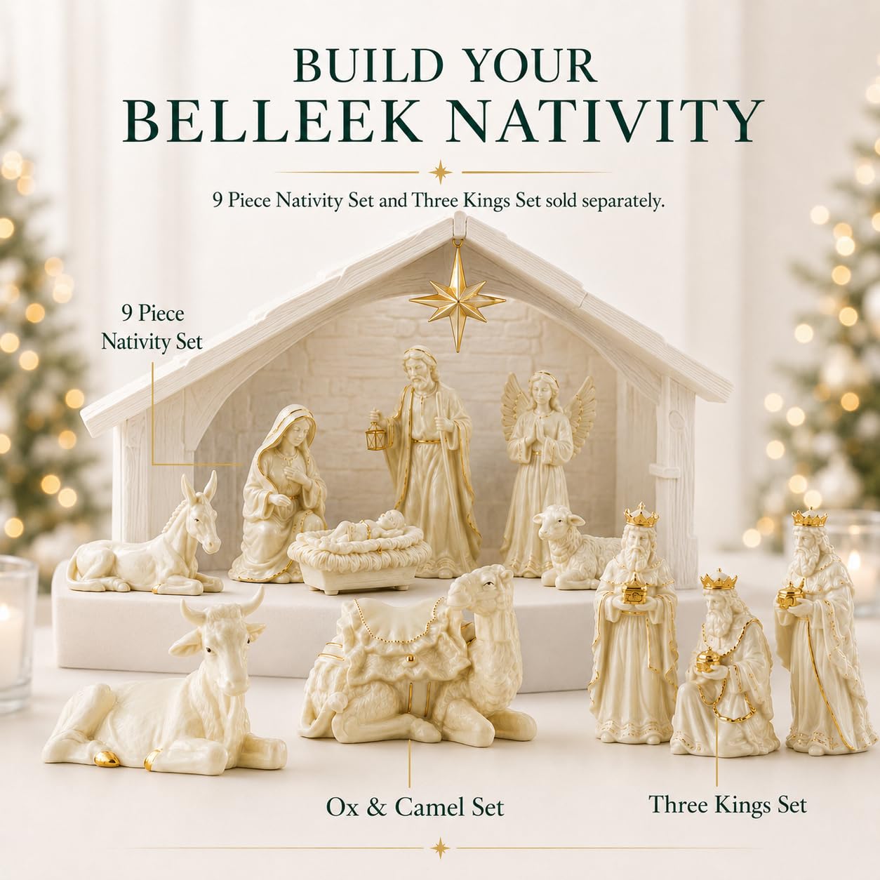 Belleek Living Manger Set Ox and Camel, Christmas Nativity Figurines with Gold Embossed Detail, Holiday Home Decor Set of 2 Assortment Figurines