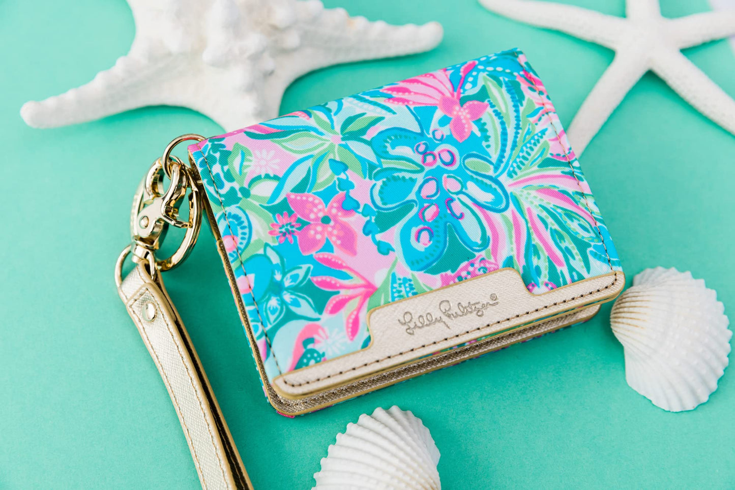 Lilly Pulitzer Snap ID Card Case, Cute Blue Keychain Wallet, Slim Credit Card Holder with Wristlet Strap, Golden Hour