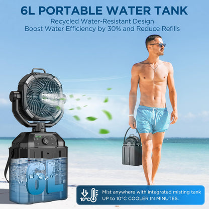 NYXQUARK Portable Misting Fan with 25000mAh Reverse Charging & Remote Control, Auto-Oscillating LED Outdoor Cooling Fan, Stepless Speed, Waterproof Design for Camping, Patio, Pets, Garden Use (Black)