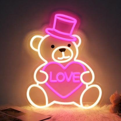 RumonZS 15" Valentines Day Cute Bear Neon Sign Pink Love Heart Neon Light for Wall Decor Dimmable USB Led Sign Bear Neon Lights Bedroom Wedding Anniversary Decor Birthday Gift for Girlfriend