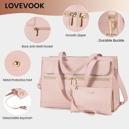 LOVEVOOK Laptop Bag for Women 15.6 Inch Laptop Tote Work Professional Leather Computer Briefcase Waterproof Handbag Shoulder Large Capacity Business Teacher Office Bag Crossbody Purse,Pink