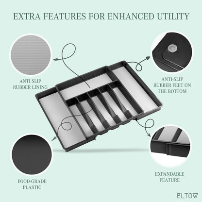 ELTOW Large Expandable Silverware Drawer Organizer, 8 Compartment Non-Slip & Adjustable Silverware Organizer for Drawer, Kitchen Organization for Utensils, Cutlery, Silverware Tray (Black)