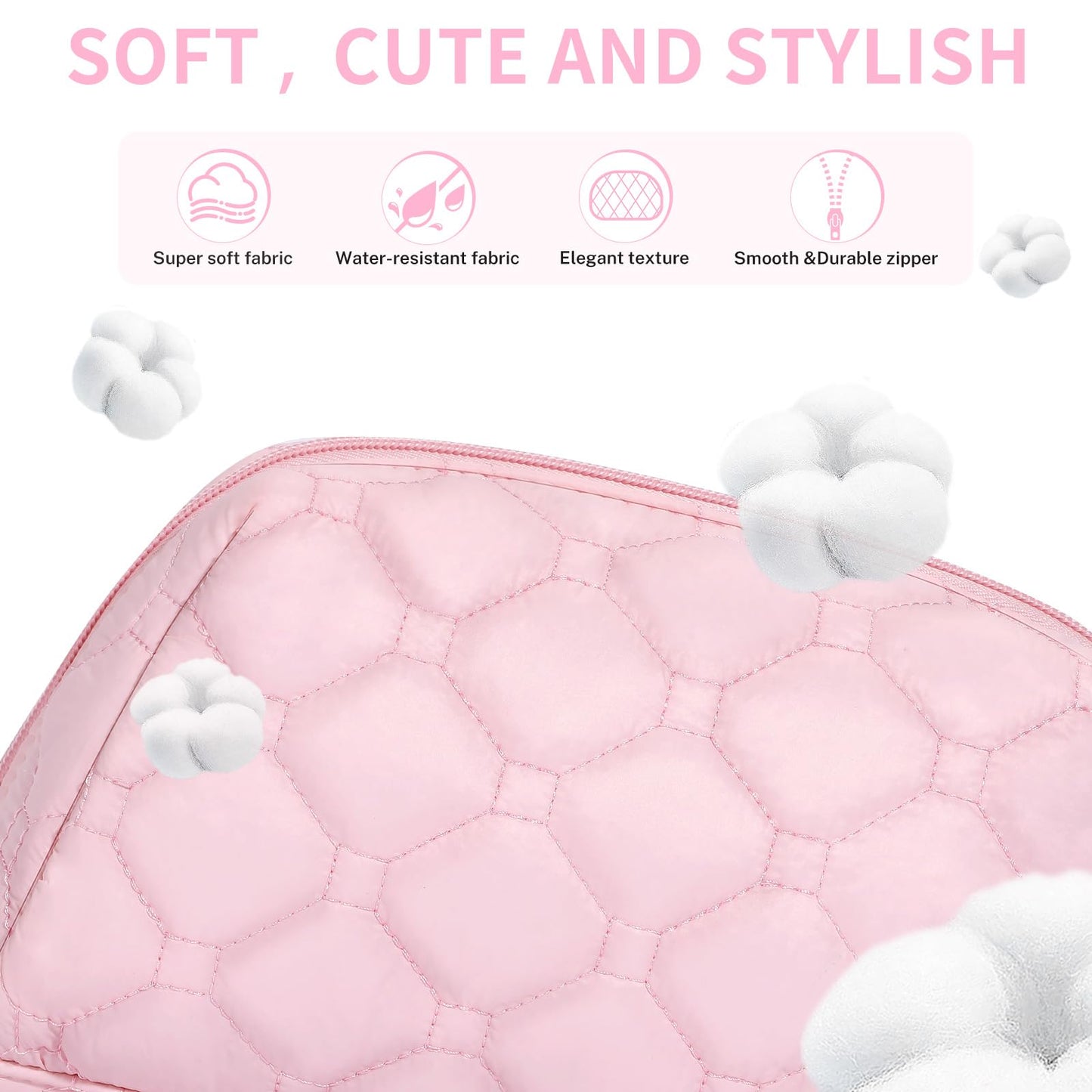senbowe Small Makeup Bag,Travel Cosmetic Bag, Pink Puffy Padded Make Up Bag for Women, Wide-open Cute Makeup Bag Pouch Purse, Quilted Toiletry Makeup Organizer Bag with PVC Pockets,Travel Essentials