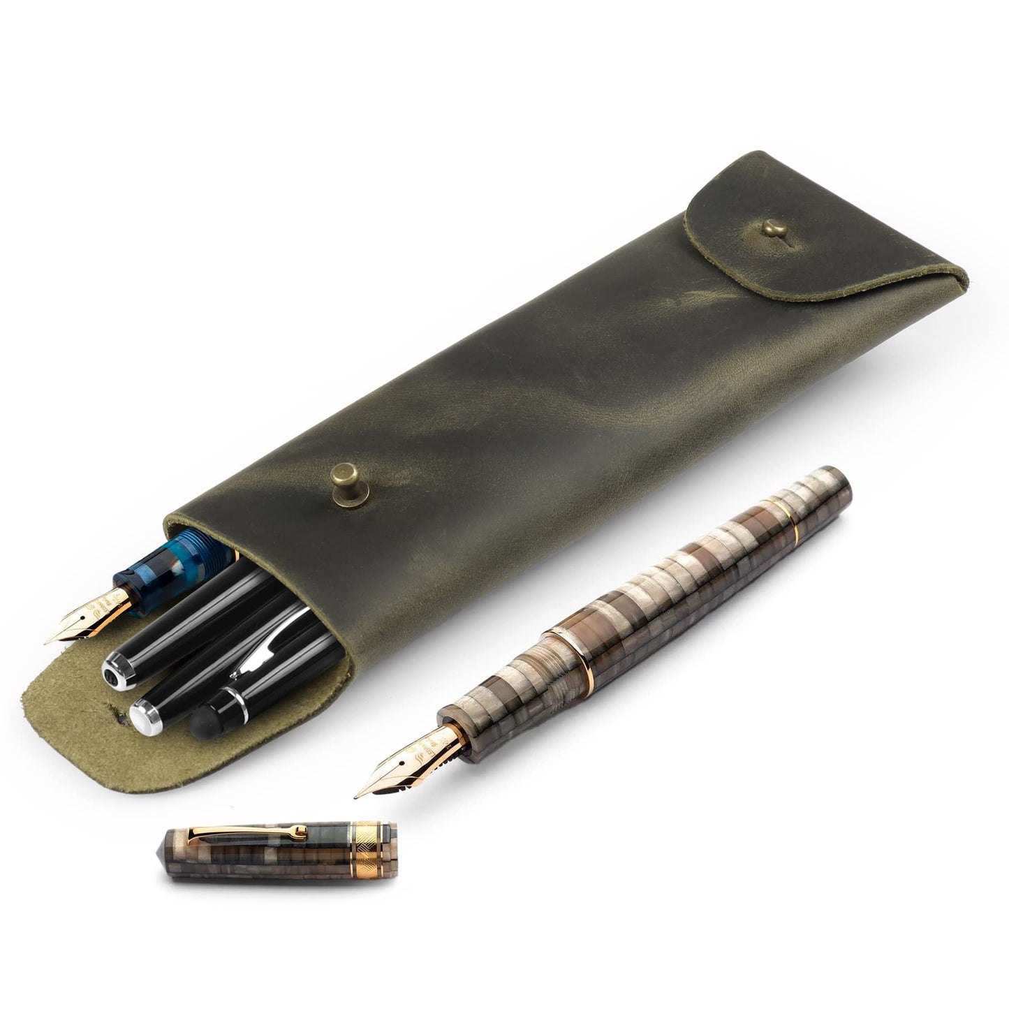 Londo Genuine Leather Retro Pen and Pencil Case - Metal Snap Fastener, Pencil Pouch Stationery Bag