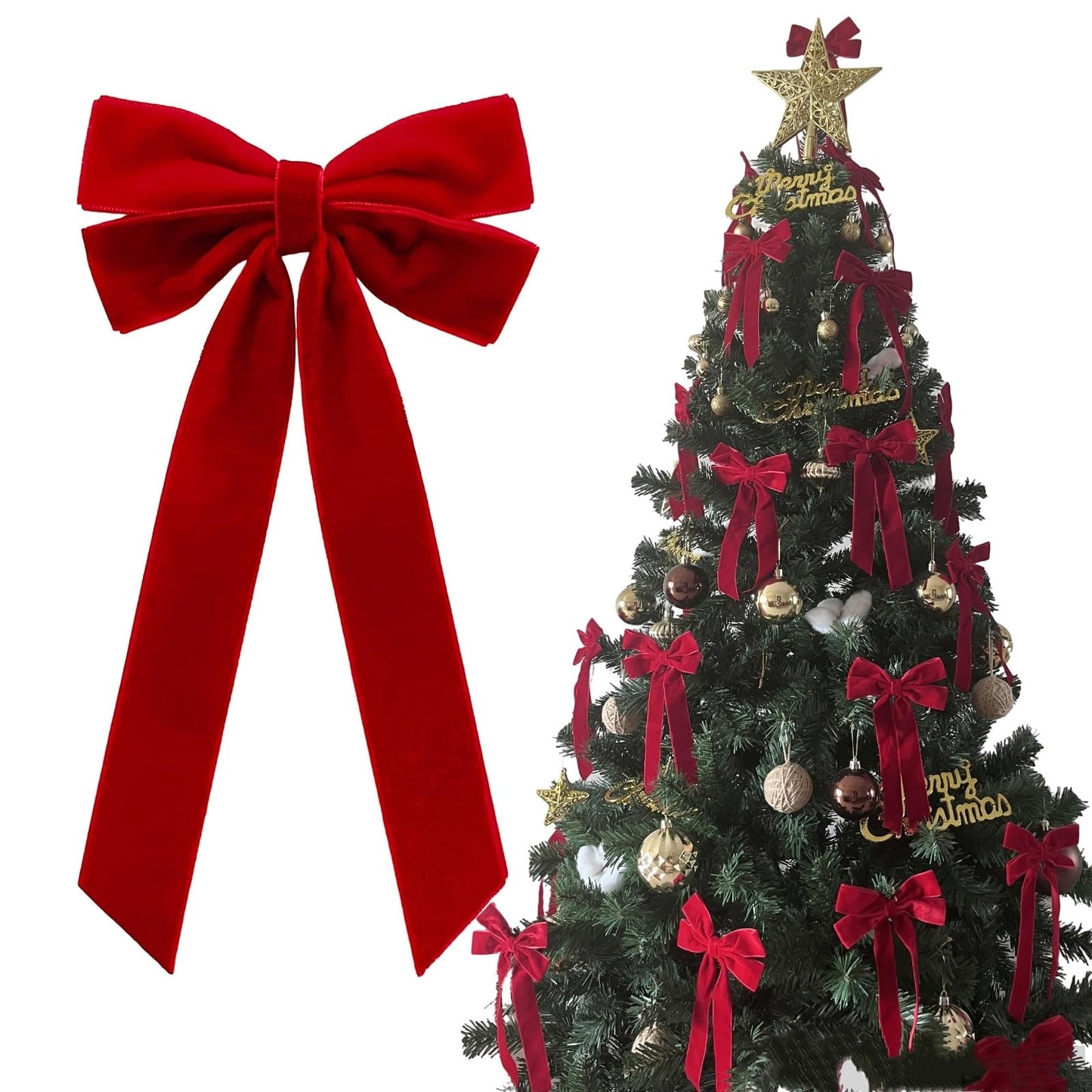 YSTECH 36PCS Red Velvet Bows for Christmas Tree, 4x8 Pre-Made Luxury Velvet Ribbon Bows Ornaments with Twist Ties & Self Adhesive for Xmas Tree Wreath Garland Gift Wrapping Home Indoor Outdoor Decor