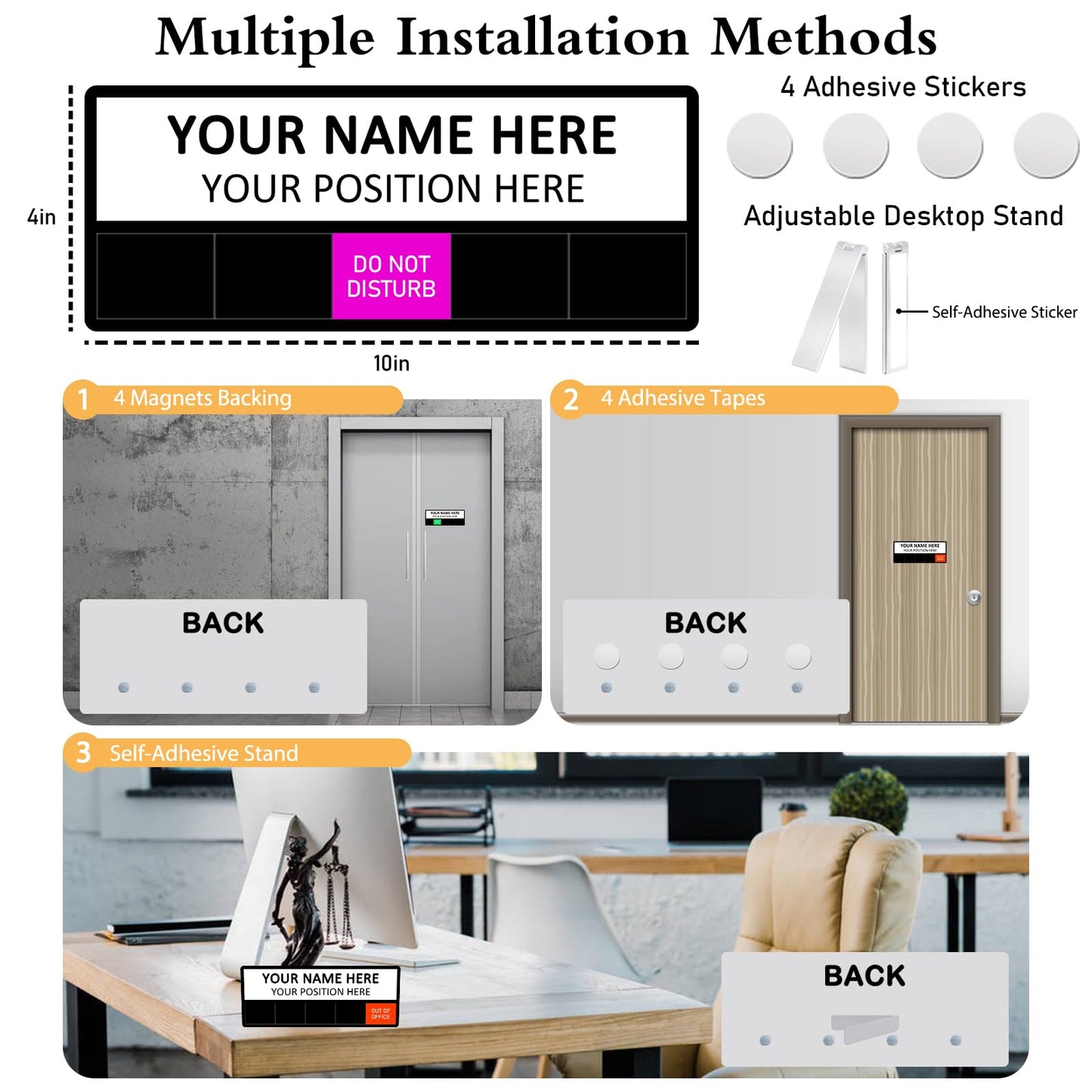 Office Status Sign With 5 Options,Do Not Disturb/Please Knock/In A Meeting/Out of Office/Working Remotely, Magnetic Slider Sign for Any Room,Name Plate For Desk/Doors/Cubicle Wall With Stand-Black