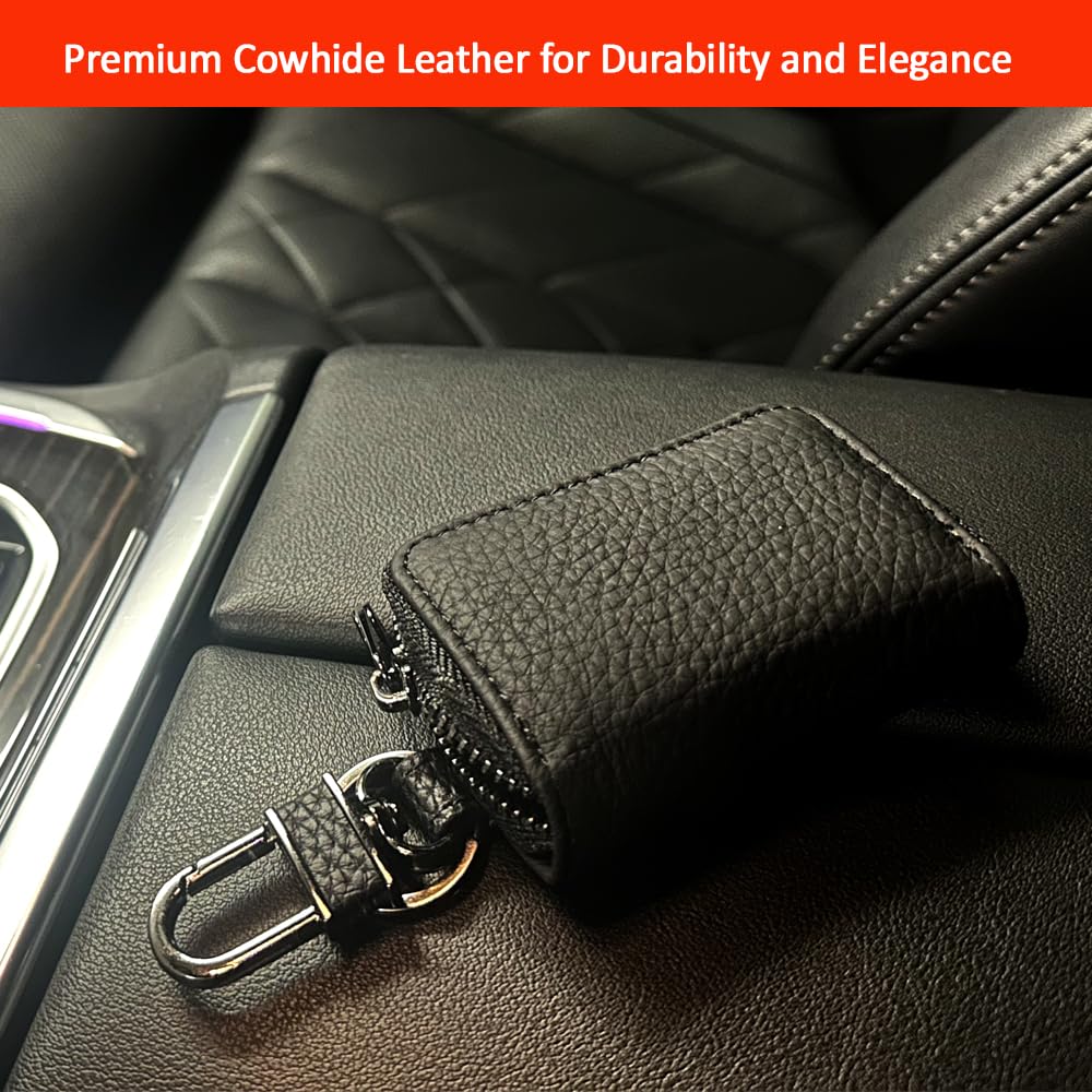 Luckybay Leather Car Key Holder, Car Key Case & Key Fob Protector Pouch with Zipper for Smart Keys, Keychain Wallet for Men Women (Black)