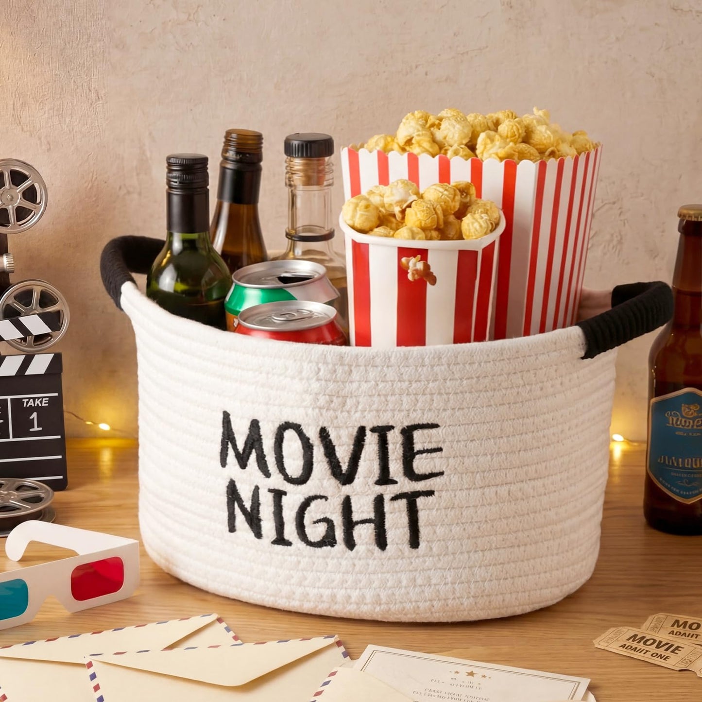 Yungyan Movie Night Supplies Snack Trays Basket with Handle Reusable Cotton Rope Bucket Storage Gifts for Theater Popcorn Family Room Decor(11.81 x 7.48 x 6.69 Inches,Movie Night,White)