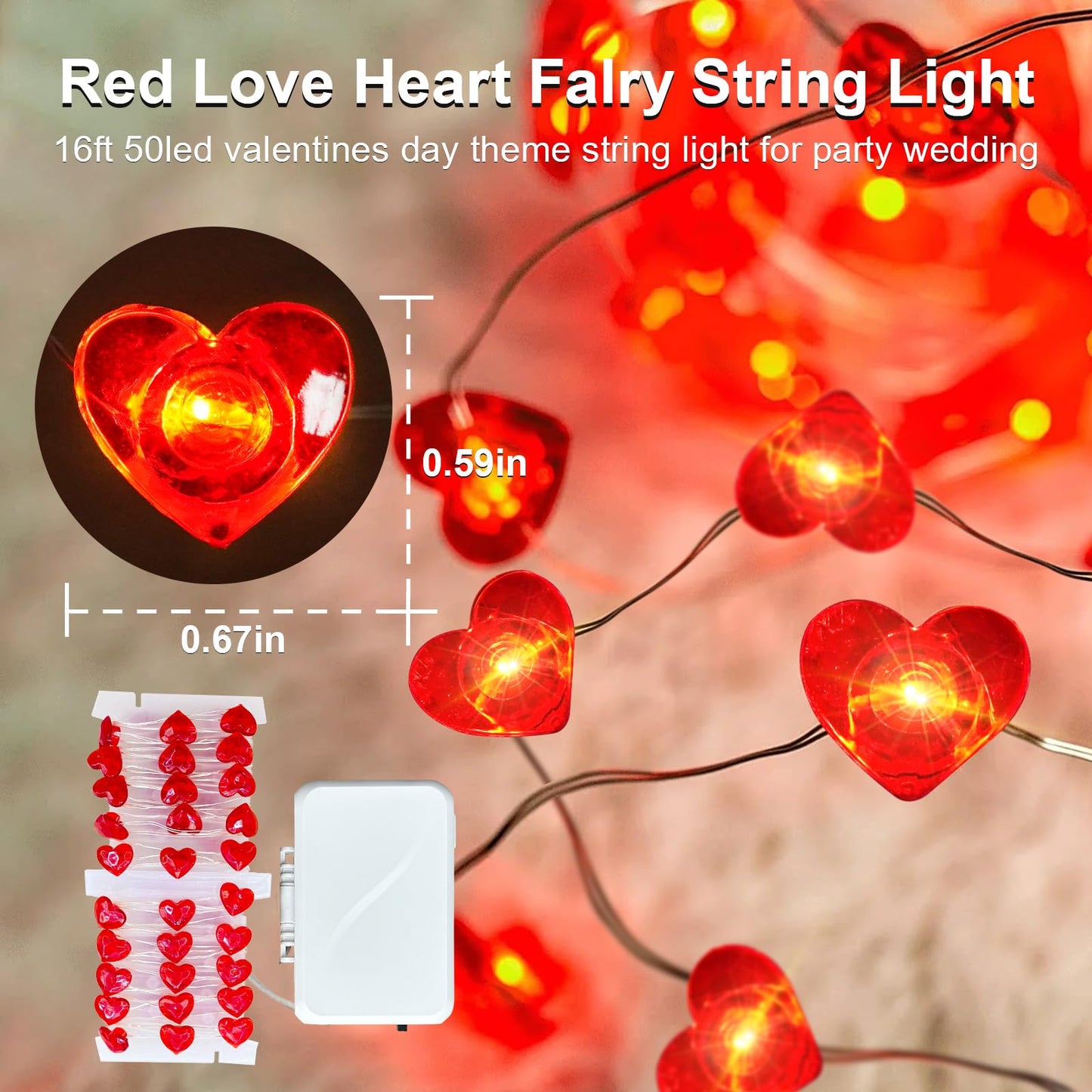 Aogist 2-Pack 50LED Valentine's Day Fairy Lights -16ft Super Bright 3D Red Heart String Light Battery Operated Mather's Day Gift Decor for Indoor/Outdoor Party Home Yard Tree Decor