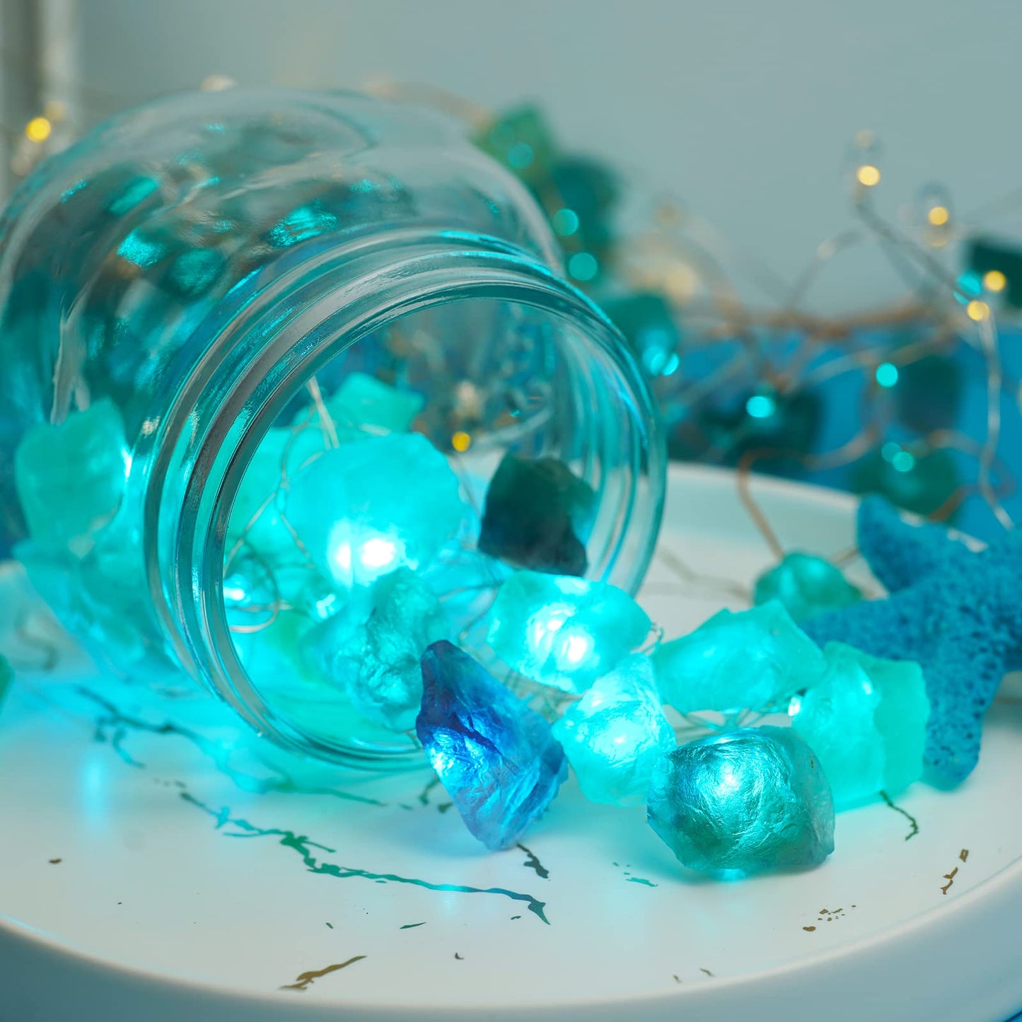 BOHON Natural Fluorite String Lights Battery Operated with Remote Sea Glass Raw Stones Decorative Lights 6.5ft 20 LEDs for Bedroom Party Indoor Christmas Wedding Decor
