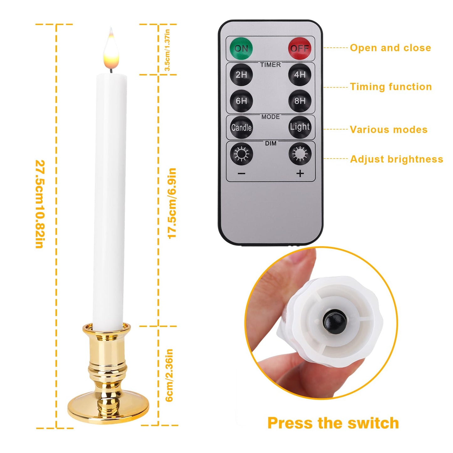POQCCT LED Flameless Window Candles with Remote Timer 10 PCS Battery Operated Flickering Taper Candle Lights with Removable Gold Candle Holders Best Gift for Xmas Wedding Home Dinner Decor