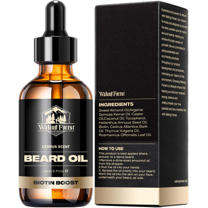 Waking Forest Beard Growth Oil - Biotin Sandalwood Oil with Vitamin E, Rosemary & Castor for Thicker, Softer, Stronger Beards (2oz)