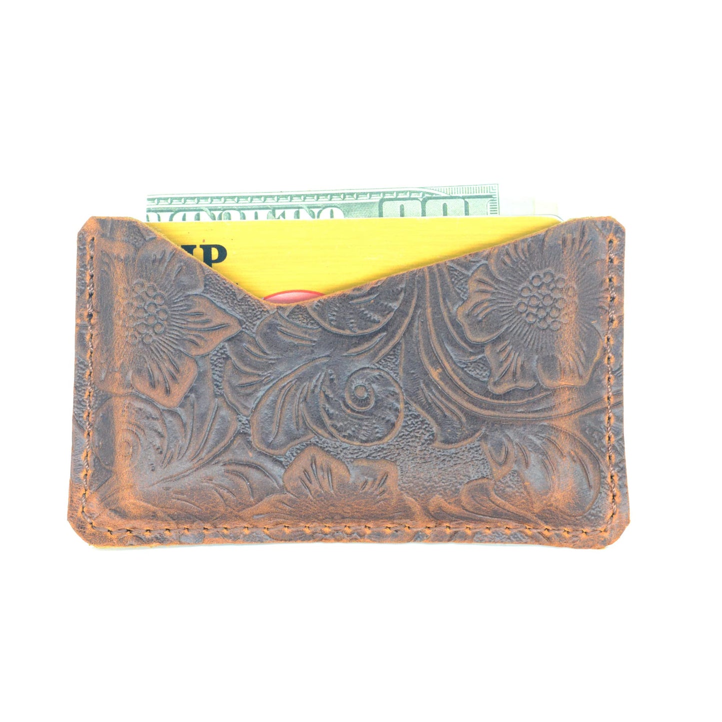 JJNUSA Handmade Leather Business Card Case Holder for Men & Women Minimalist Leather Wallet Card Holder Distressed Gifts Flower brown