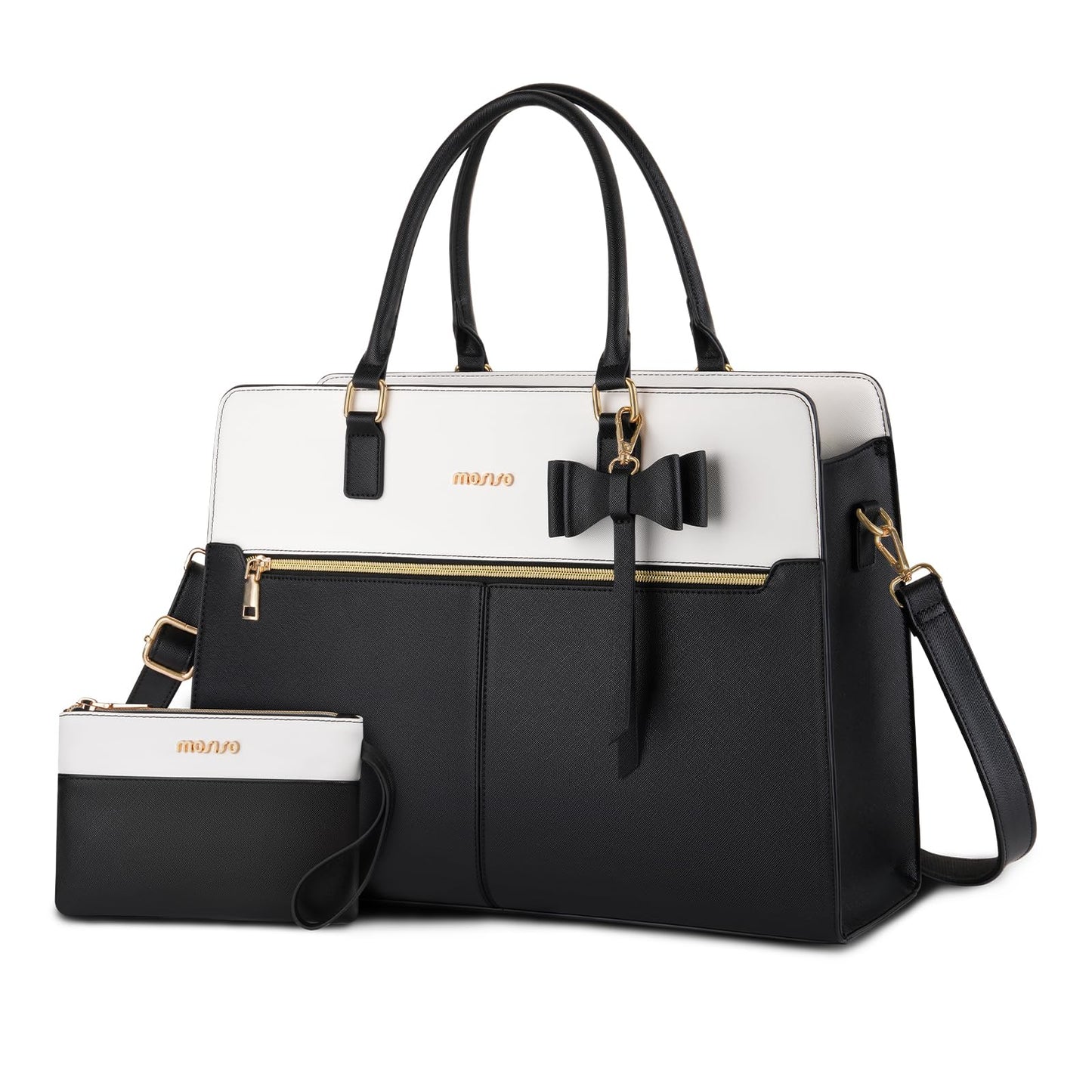 MOSISO Laptop Tote Bag for Women, 15.6 inch Waterproof PU Leather Work Bag with Clutch Purse & Bowknot, Large Capacity Handbag Shoulder Computer Bags Work Briefcase for Business Teacher Office, Black