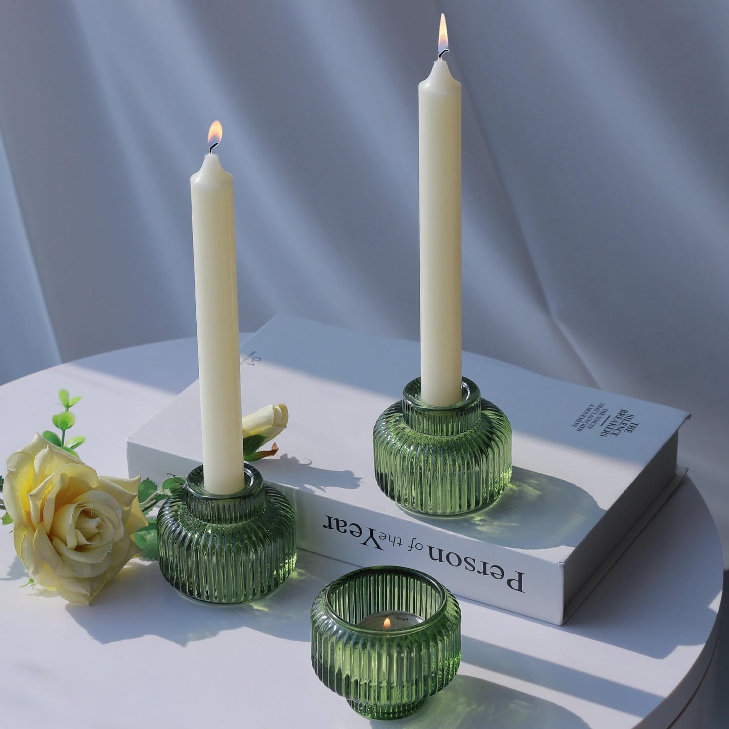 Woho Candlestick Holders Set of 4 for Taper Candles/Tea Lights, Green Ribbed Candle Sticks Holder Decor for Table Centerpiece, Reversible Taper Candle Holders Glass for Christmas Home Decoration
