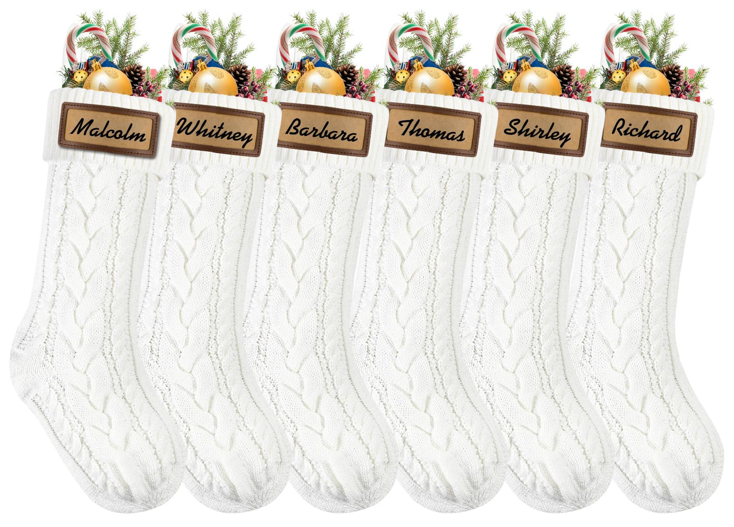 XOYTN 6 Pack Christmas Stockings, 18inch Large White Cable Knitted Stocking Personalized Xmas Hanging Stocking with Leather Patches Custom Name for Christmas Holiday Party Decoration