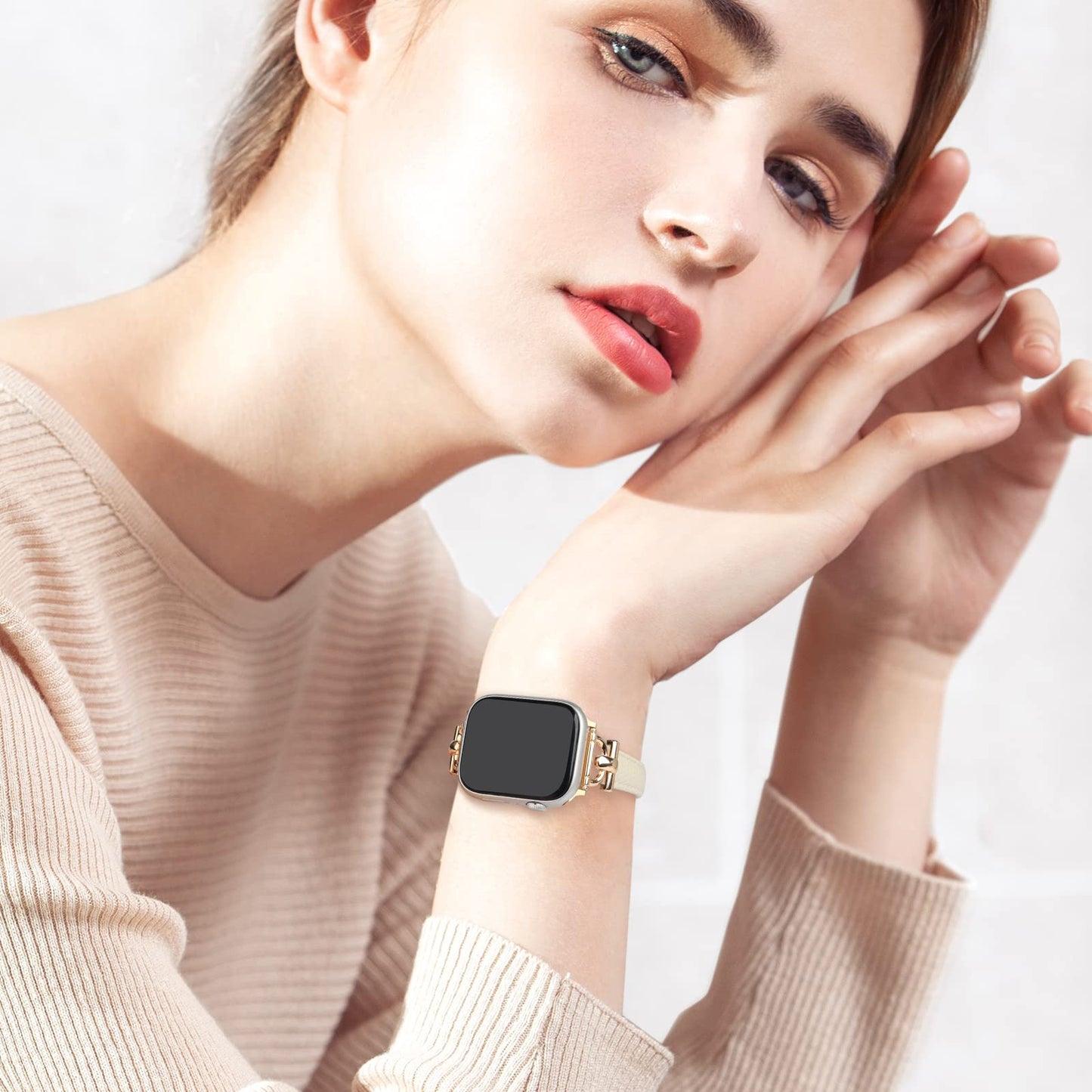 Leather Band Compatible with Apple Watch Bands for Women, Dressy Fancy Strap for iWatch Series 11/10/9/8/7/6/5/4/3/2/1/se(38mm 40mm 41mm 42mm,Milky White/Gold)