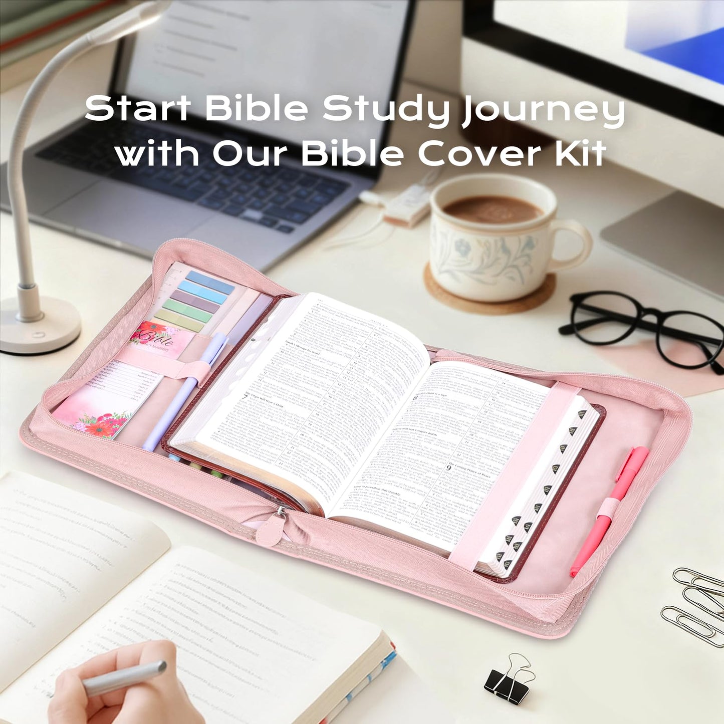 XKDOUS 24 Pcs Bible Covers Kit, Bible Carrying Case Large Church Bag w/Bible Study Supplies, Tabs, Pens, Bookmarks, Leather Book Holder Case Christian Gift for Women Lady