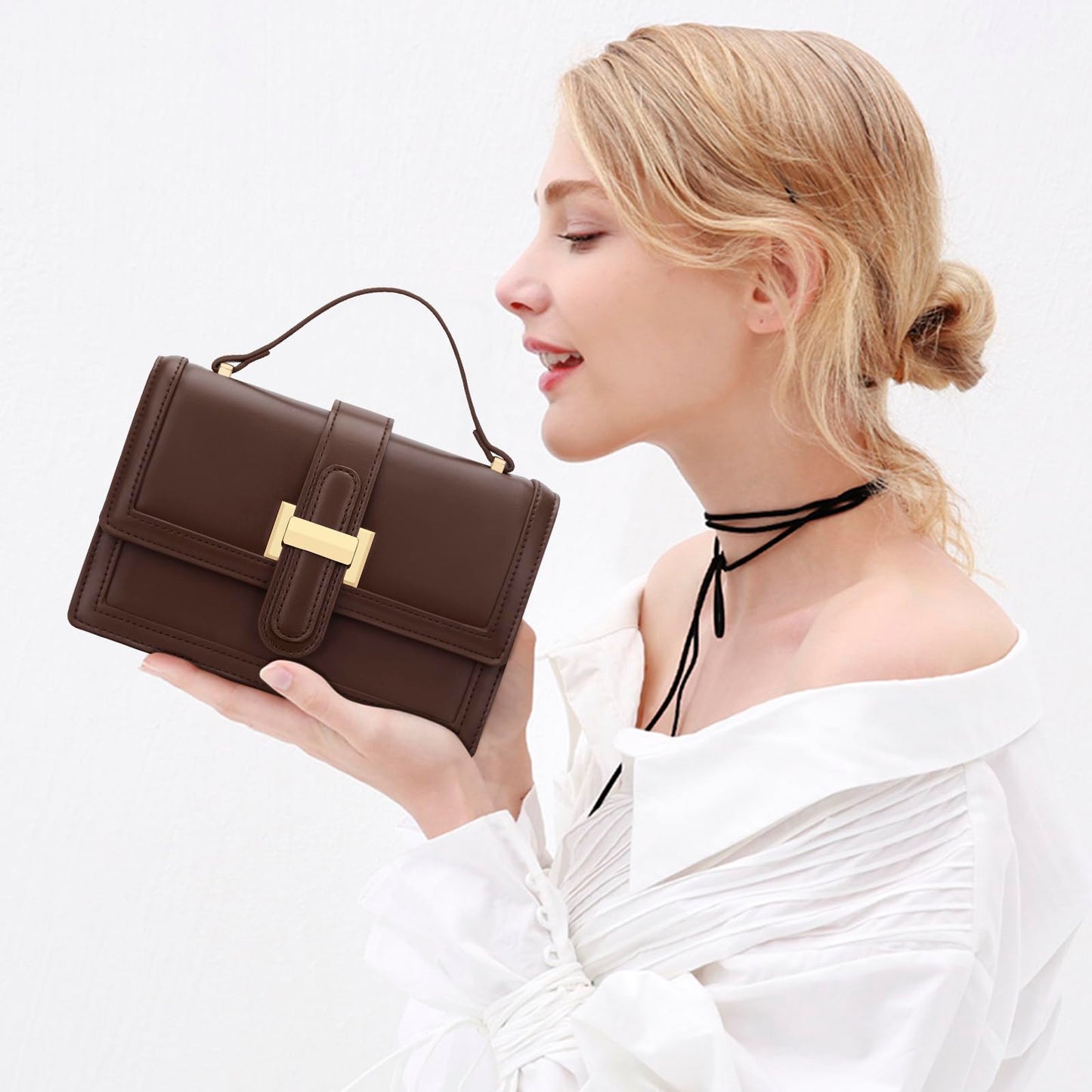 KKXIU Small Purses for Women - Top Handle Crossbody Bag for Women, Leather Lady Handbags Shoulder Clutch with Adjustable Shoulder Strap, Coffee