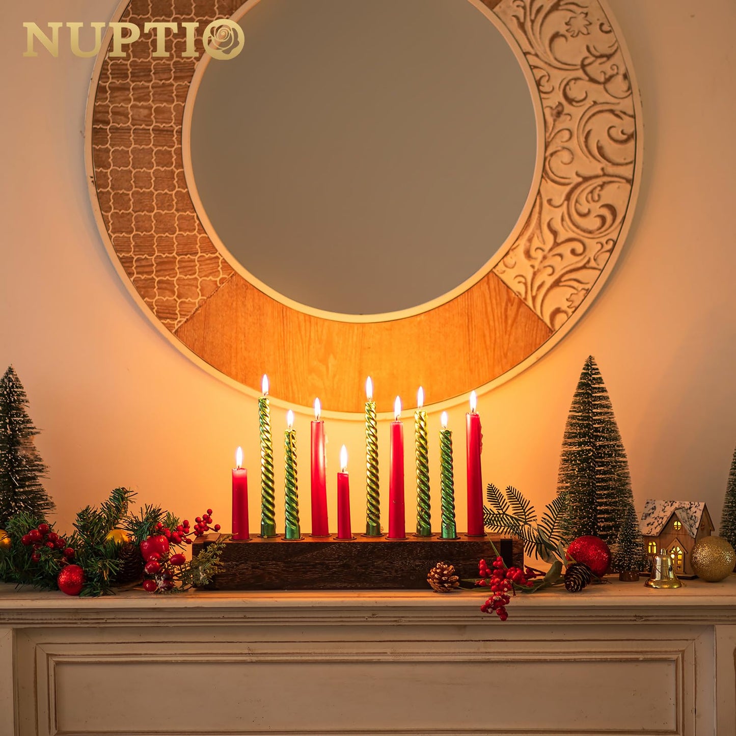 NUPTIO Wood Candelabra for Table Centerpiece: 16.5 inch Long Taper Candle Holder - Farmhouse Candlestick Holder for Christmas Home Dining Living Room Fireplace Decor