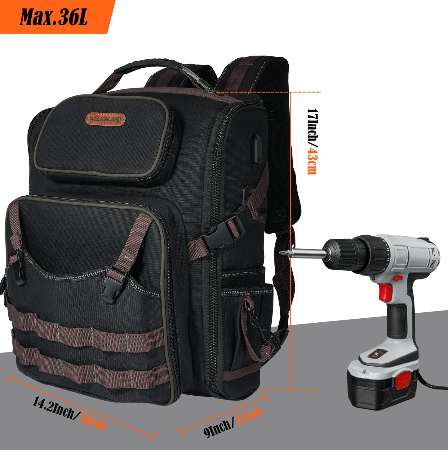 WELKINLAND 46-Pockets Electrician Backpack, Full-Open Tool Backpacks, Heavy Duty Tools Backpack, Waterproof Waxed-Canvas Tool Backpacks, HVAC, Mechanics Tools Bag