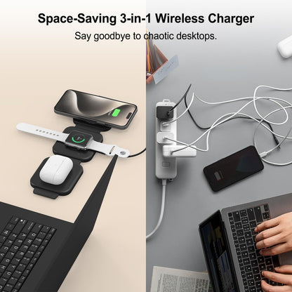 Wireless Charging Station for Apple Multiple Devices - 3 in 1 Foldable Magnetic Wireless Charger - Travel Charging Pad for iPhone 16 15 14 13 12 Pro Max Plus Watch & AirPods (Black)