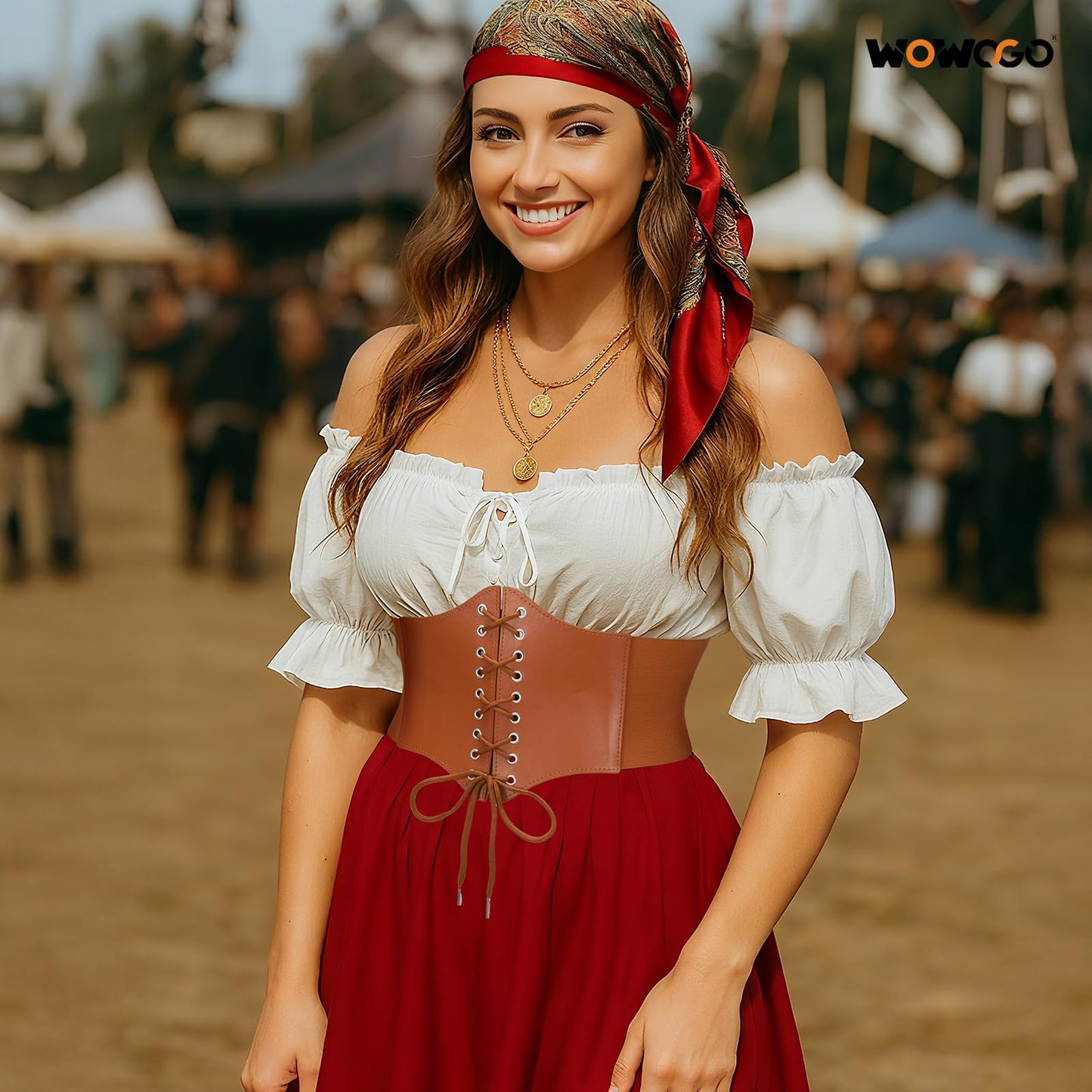 WOWOGO Corset Belt for Women Lace Up Elastic Leather Waist Corset Tied Waspie Belt for Renaissance Pirate Halloween Costume