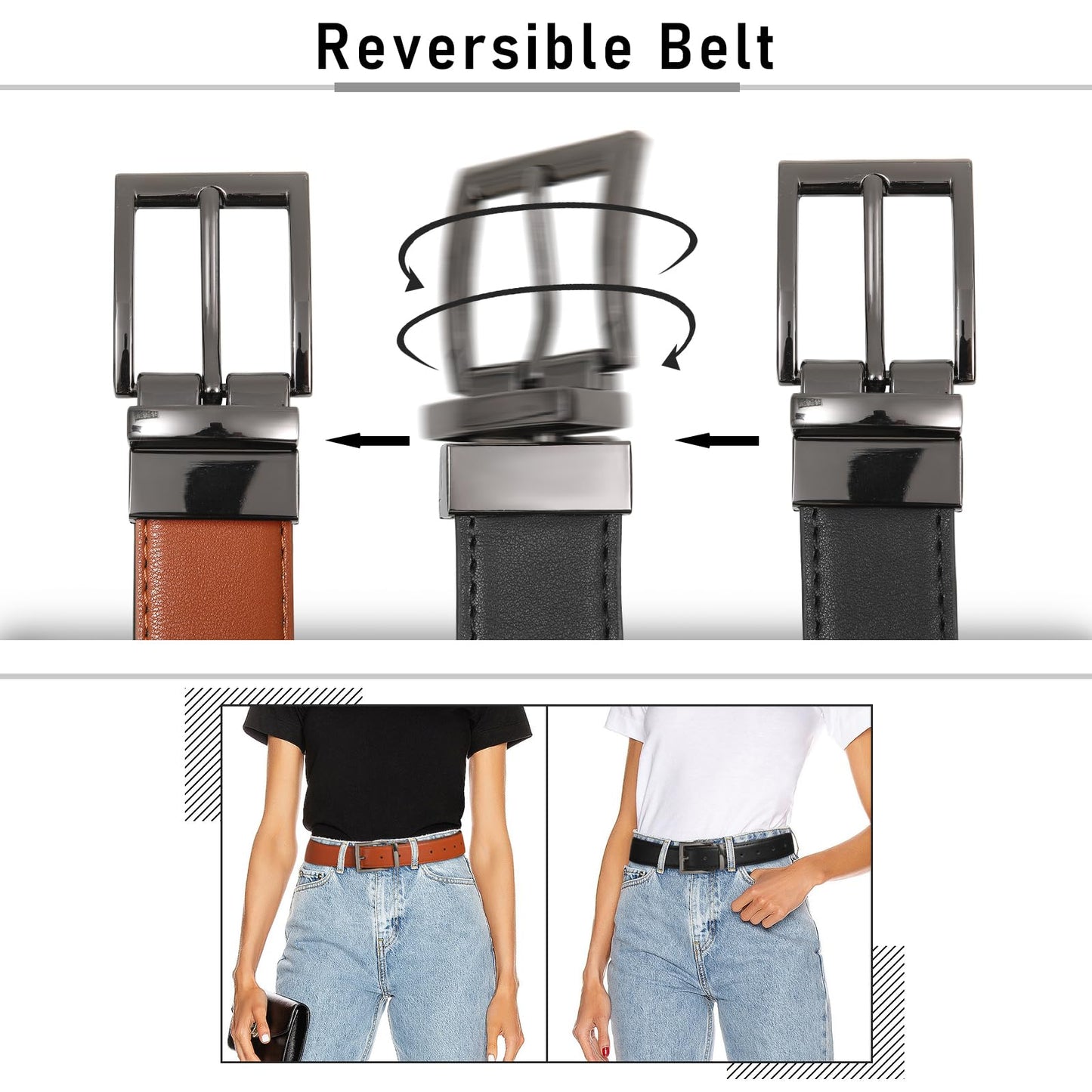 AWAYTR Reversible Leather Belt for Women - Two Color-in-One Belt for Jeans Dress Women Men Belt with Rotated Buckle(Brown/Black with Gun Color Buckle 32in-38in)