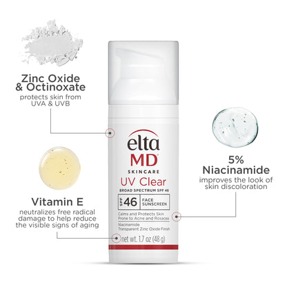 EltaMD UV Clear Face Sunscreen SPF 46, Oil Free for Face with Zinc Oxide, Dermatologist Recommended Sunscreen Lotion, For Acne-Prone Sensitive Skin, 1.7 oz Pump
