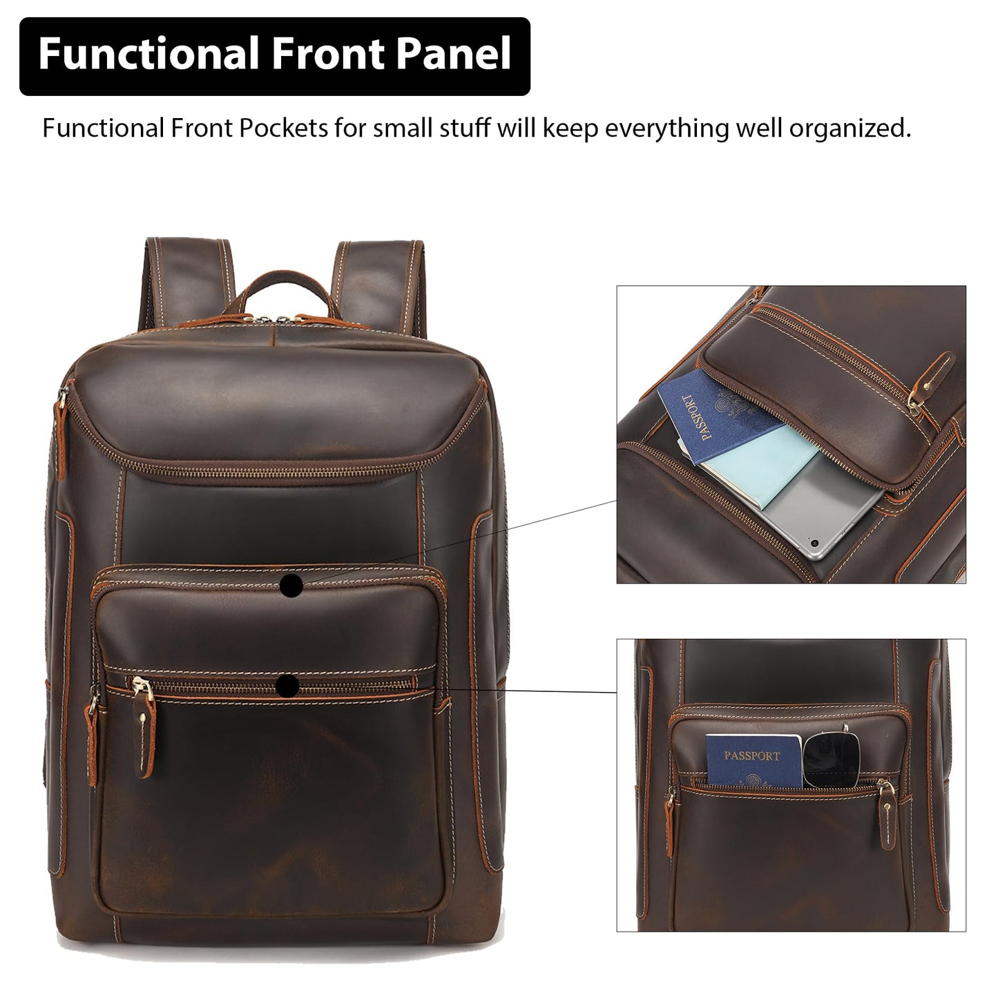 LANNSYNE Full Grain Leather Backpack For Men, 17" Laptop Backpack, Casual Outdoor Business Travel Rucksack, YKK Zippers