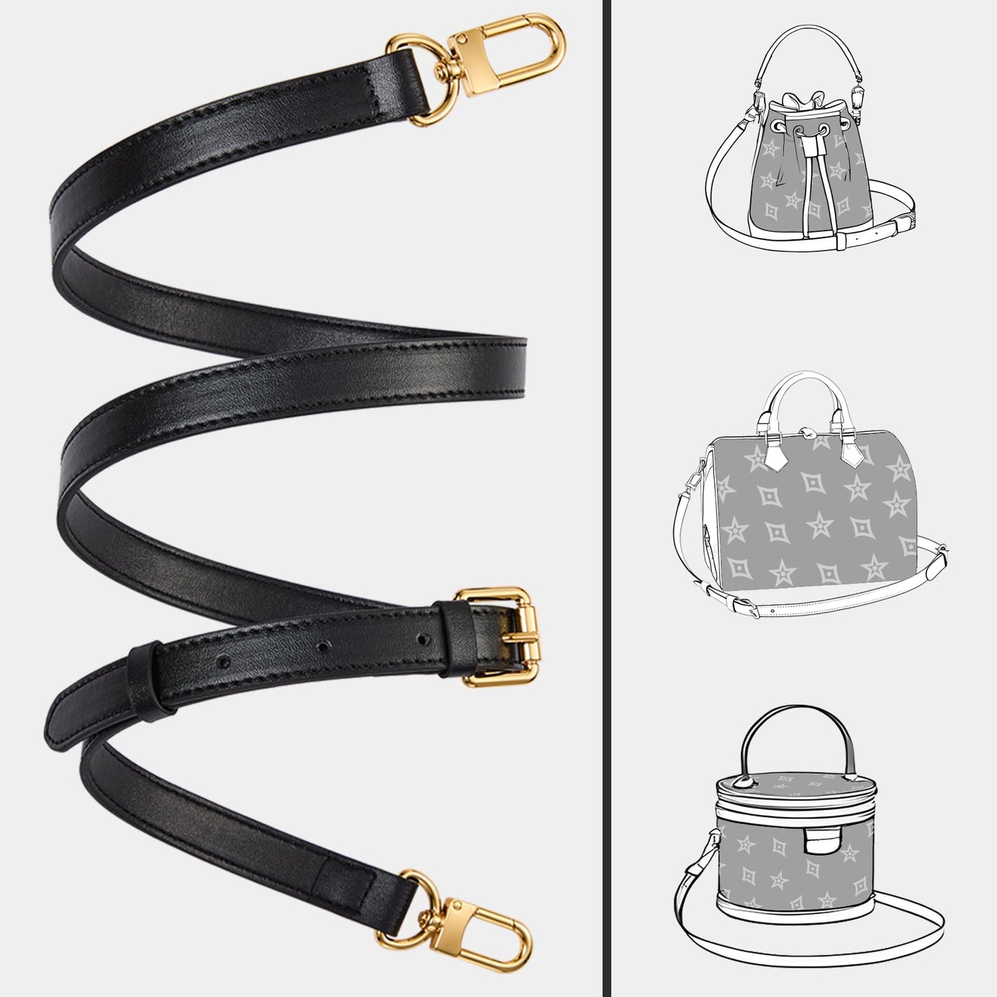 LWMYFZX Genuine Vachetta Leather Crossbody Strap | Adjustable Replacement Shoulder Strap for Handbags, Purses & Clutches (Black)