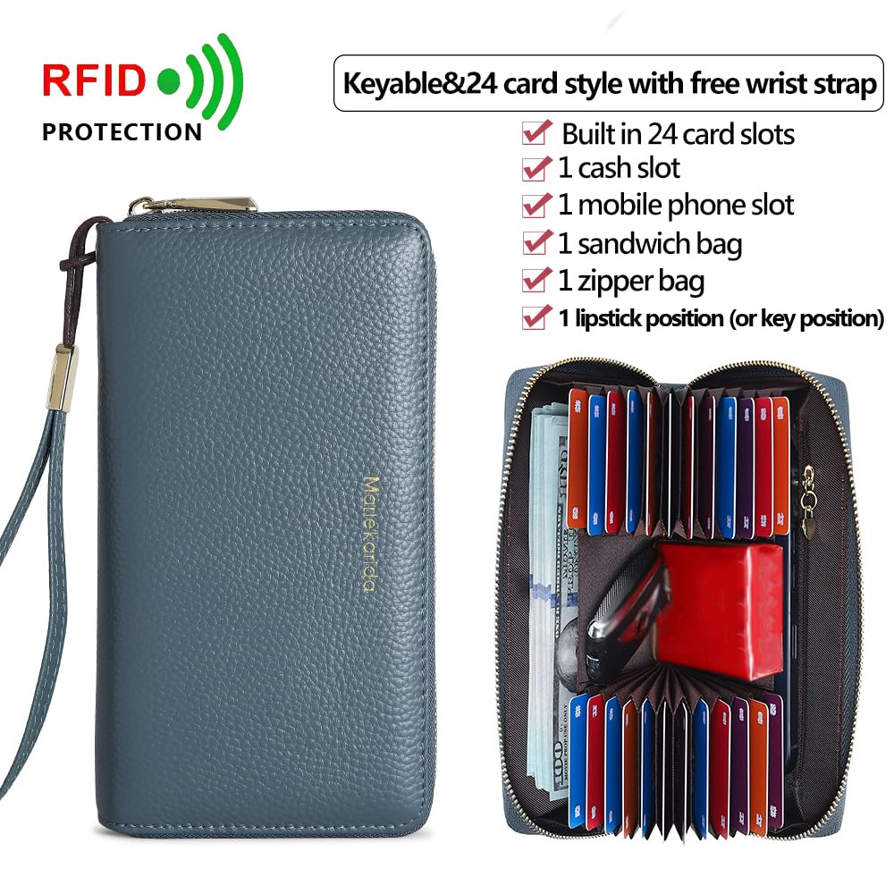 Fashionable long RFID leather women's wallet, large capacity multi slot phone case, zipper closure, detachable wrist strap, hand-held wallet (Light Blue)