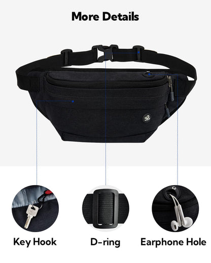 WATERFLY Fanny Pack for Men Women Water Resistant Large Hiking Waist Bag Pack Carrying All Phones for Running Walking Traveling (Black)