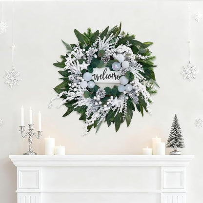 Winter Wreaths for Front Door 24 Inch Christmas & Winter Door Wreath with White Balls and Silver Berries, Festive Holiday Decor for Indoor and Outdoor, Seasonal Winter Home Decoration