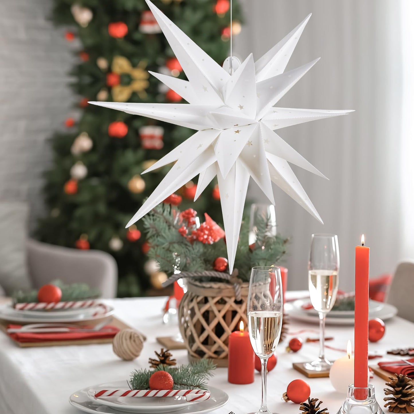 21 Inches White Large Moravian Stars Lights Warm White Hanging Outdoor Christmas Light LED Hanging Star Lights 3D Christmas Tree Topper Star for Holiday Wedding Porch Decor