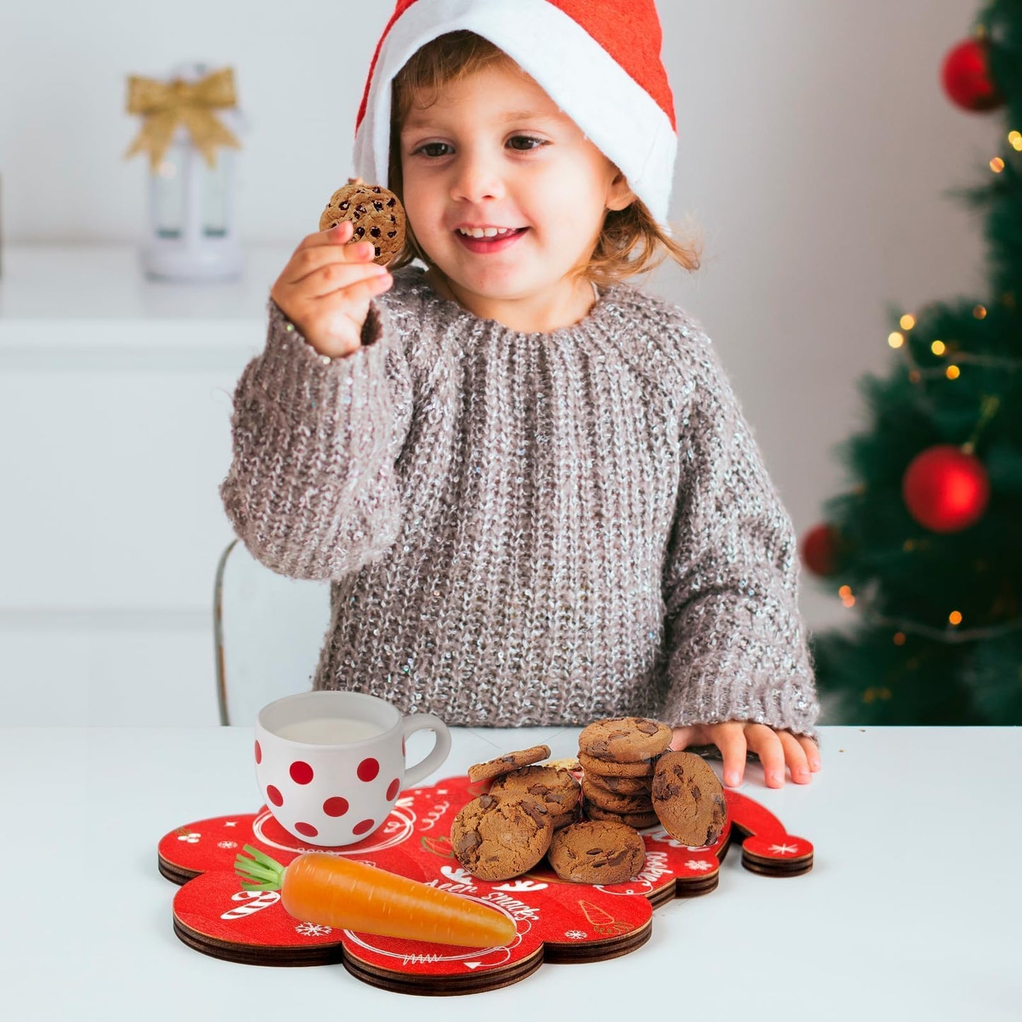 Santa Cookie Plate Christmas Wooden Treat Tray Platter Mat Xmas Eve Table Decorations Milk and Candy Board for Kids Christmas Party Supplies