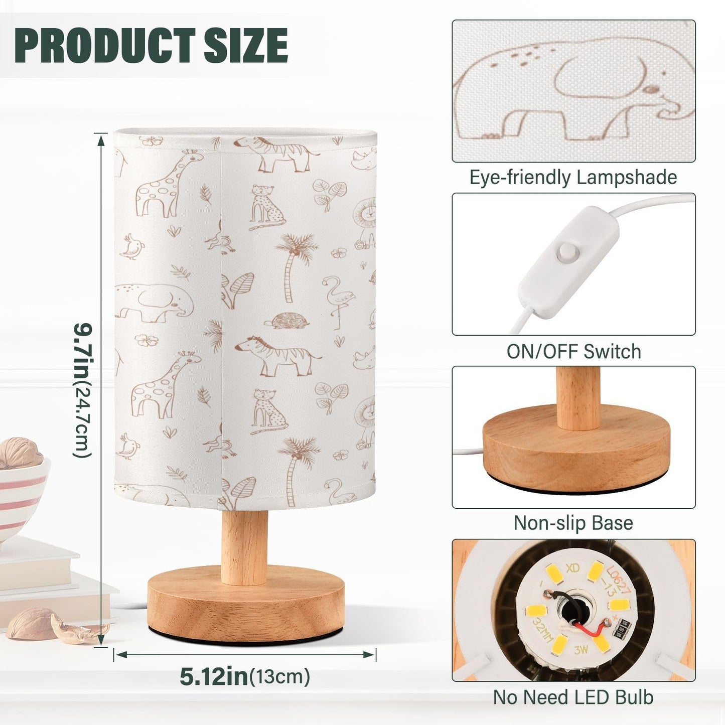 Kigai Safari Nursery Table Lamp for Kids Room LED Bedside Nightstand Lamp with USB Port, Small Nursery Lamp with Fabric Shade for Bedroom, Baby Room, Living Room