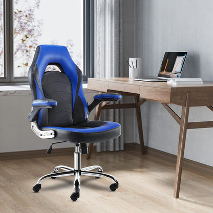 OLIXIS Ergonomic Gaming Office Chair - PU Leather Executive Swivel Computer Desk Chair with Flip-up Armrests and Lumbar Support for Working, Studying, Gaming, Grey, Blue (A-95blue)