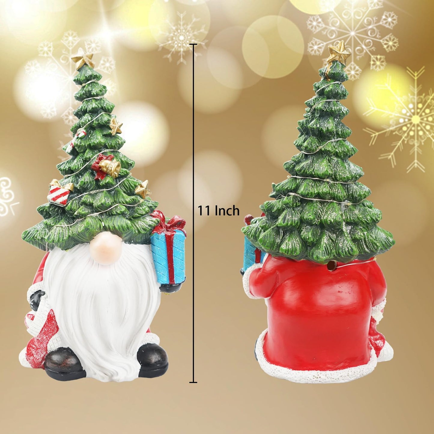 Lighted Christmas Tree Gnome Decoration -11 Inch Resin Xmas Gnomes Figurine Light Up for Holiday Winter Indoor Home Table Decor