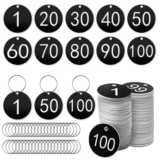 1-100 Number Tags, 35mm Engraved Round Numbered Marking Identification Tags with Metal Rings for Organized Coded Key Box Cabinet Plant Coding Tag (Black)