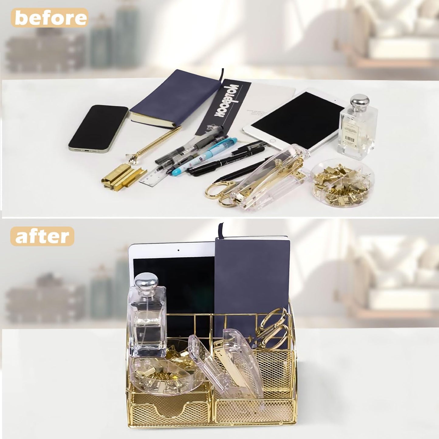 YOLOZAI Office Desk Organizers, Gold 13PCS Office Supplies and Accessories Desk organizer, Acrylic Stapler, Staple Remover, Clips, Scissor, Phone Holder, Pen, Pen Holder