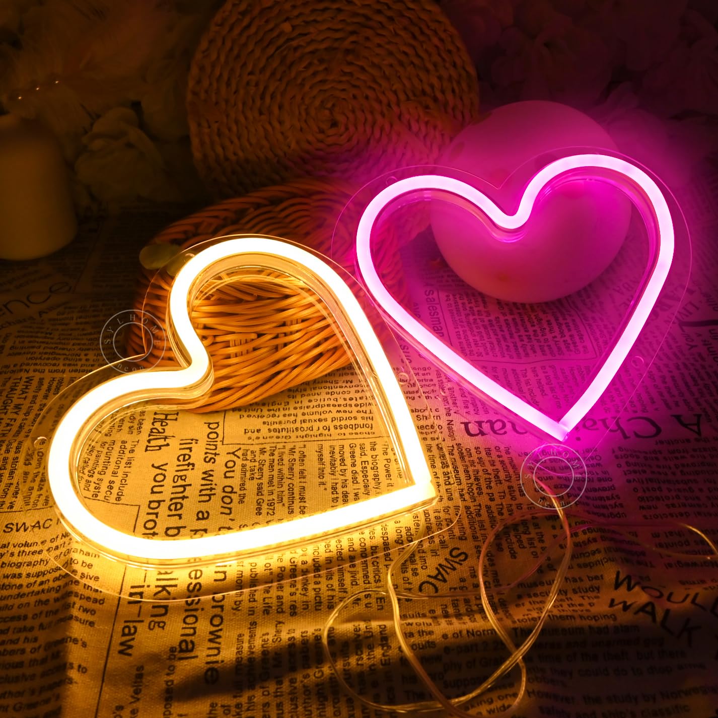 SYLHOME 2 Pack Heart Led Neon Light Sign Battery Operated or USB Powered Bedroom Wedding Wall Sign Decor Birthday Christmas Gifts USB 7.87" X 7.28" Pink & Warm White