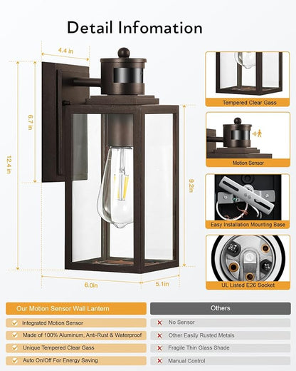VIANIS 2 Pack Outdoor Wall Lantern, Motion Sensor Porch Light for Entryway, Oil Rubbed Bronze Dusk to Dawn Outdoor Garage Lighting Fixtures Wall Mount, Waterproof Exterior Front Door Sconce Lamps