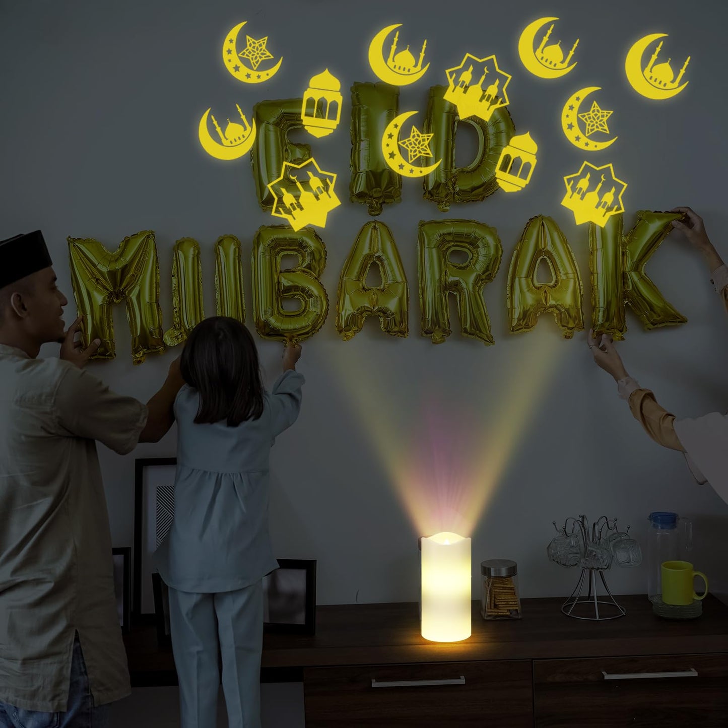 Baquler Ramadan Flameless Candles Projector Light Eid Mubarak LED Candle Battery Operated Star Moon Night Light with Remote and Timer Eid Mubarak Electric Gifts Ramadan Decoration for Home Room Decor