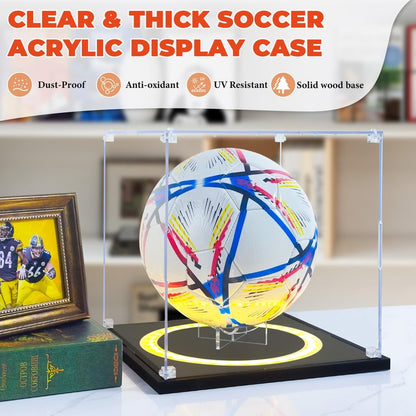 DORYBEN Soccer Display Case with Light,Full Size Acrylic Box with Removable Built-in Ball Display Stand, UV Protected Clear Case for Soccer Fans & Collectors, Sports Collectibles
