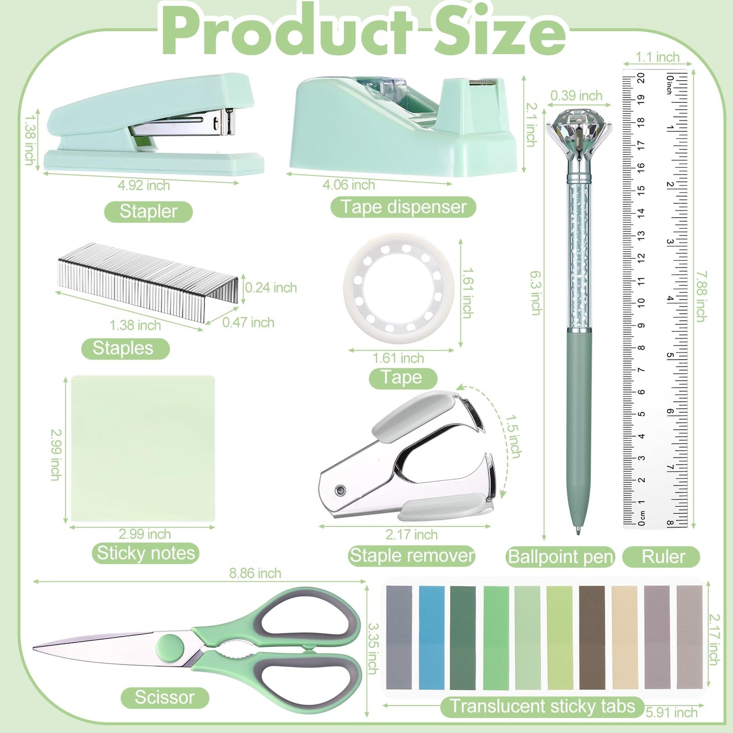 Marspark Sage Green Office Desk Accessories 12 Pcs Office Supplies Set 360° Rotating Pen Holder, Stapler, Tape Dispenser, Scissor, Sticky Notes, Binder Clips, Desk Organizers Gift for Home School