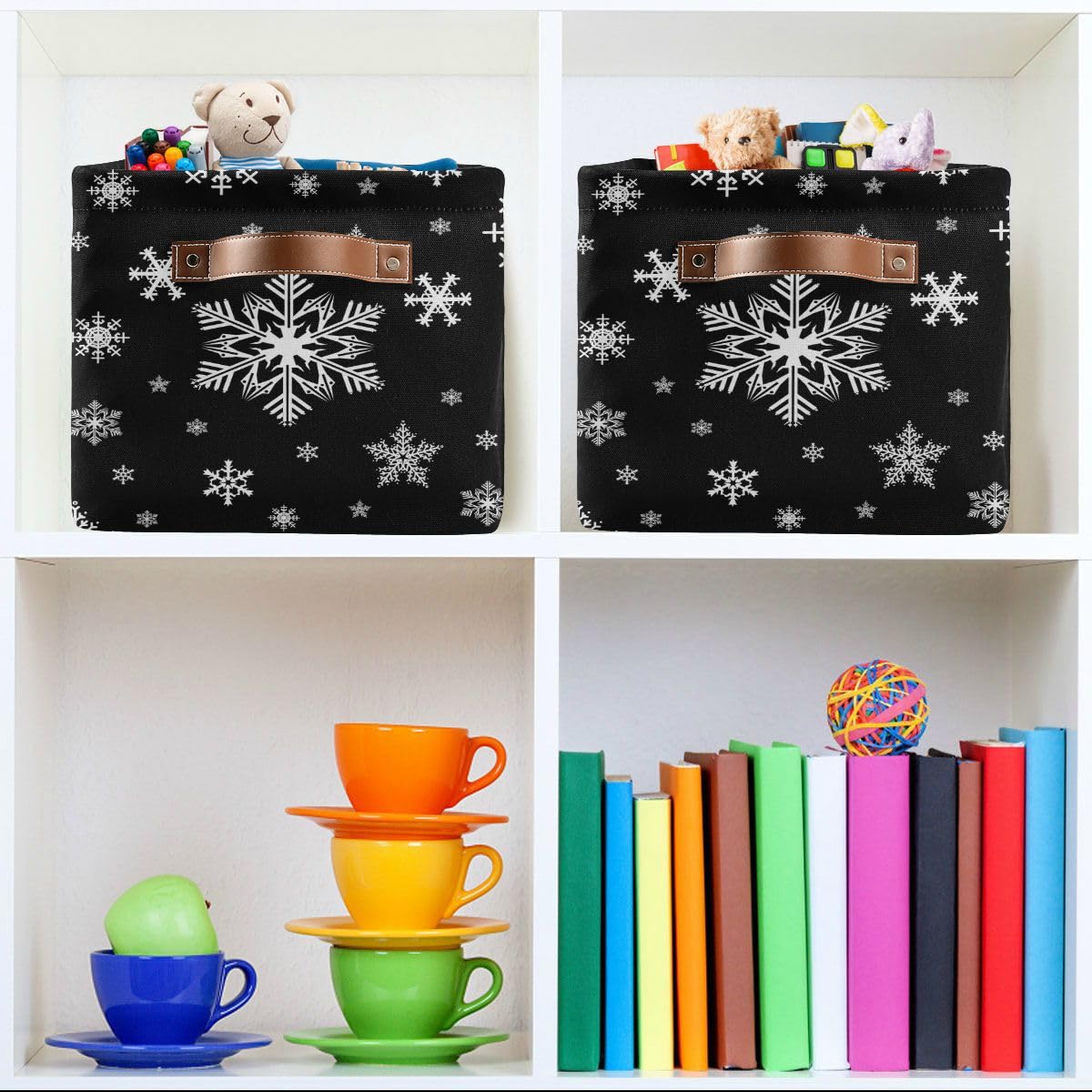 Winter Snowflake Black Storage Basket Fabric Kitchen Baskets Christmas Holiday Open Home Storage Bins Boxes Foldable Organizer Bag for Baby Cloth Xmas Baskets 16×12×8 Inches